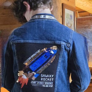 Upcycled Jean Jacket Sequin Rocket We Come in Peace Childrens Place XL/14 or Wms 0/2 Space Birthday Xmas Kid UnisexHandmade Unique Only 1!