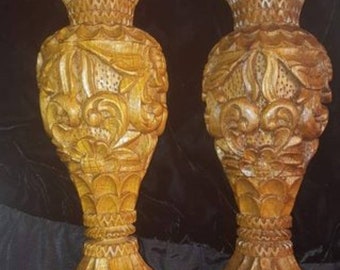 Balinese Deep Relief Hand-Carved Wood Vases Pair 1960s