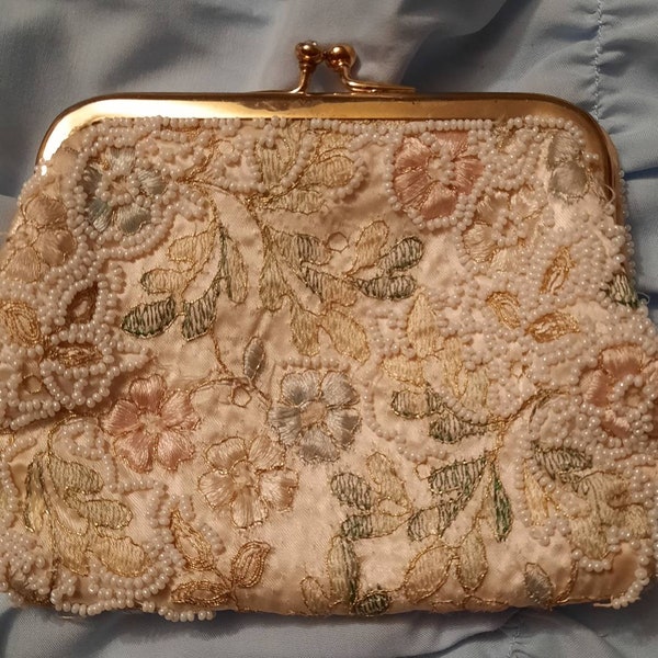 Jolles Original 1950s Beaded Embroidered Evening Folding Clutch Combination Kiss lock and Snap Closures Cream Floral 4x6