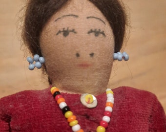 Traditional Woman Navajo Souvenir Doll Vintage 50s-60s Wool Hair Bead Jewelry Red/Green Print & Velvet Dress Red Shoes Cloth Body Handmade