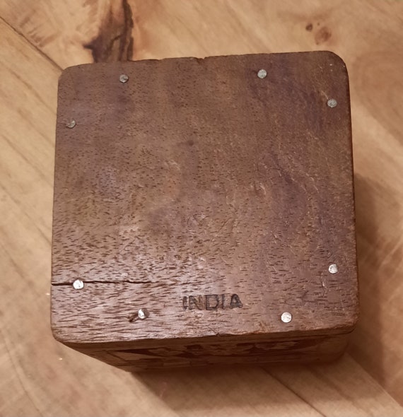 Carved Lidded Wood Box Inlaid Bone Square Hans Ma… - image 5