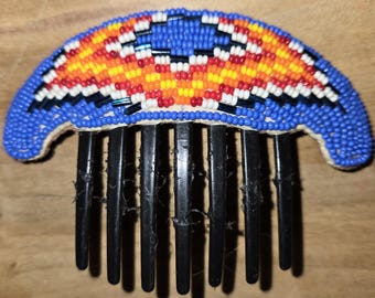 Hand Beaded Cobalt Multi Hair Comb Pow Wow Regalia Native Handmade Vintage 1991 SALE Was 52 Now 46