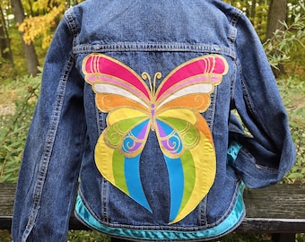 Upcycled Jean Jacket Butterfly Design w/Teal Ribbon Trim Carter's Kid Size 8/8A Handmade Unique Girls Birthday Back to School Streetwear