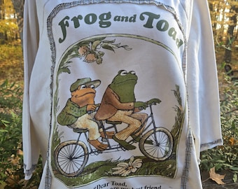 Frog & Toad Cream Crew Neck Sweatshirt Plaid Fabric Details Sz 1X Upcycled Unique Birthday Teacher Kindergarten Easter Spring Fun Librarian