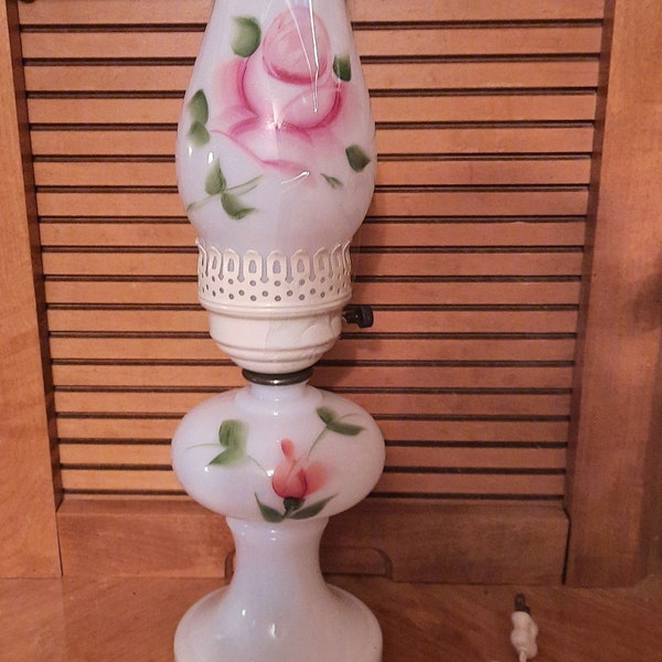 Hand Painted Milk Glass Table Lamp Pink Roses Vintage 1950s