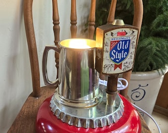 Old Style Beer Vintage Tap Bar Lamp Tabletop Light Bottle Cap Beer Mug Upcycled Handcrafted Unique Housewarming Birthday Man Cave Christmas