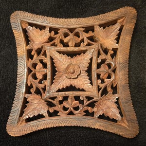 Hand Carved Wood Trivet from India Vintage