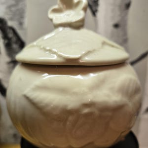 May include: Cream-colored ceramic jar with a lid, featuring embossed leaf and floral designs. The lid is topped with a flower-shaped handle. The jar has a round body and sits on a black base. The background is blurred.
