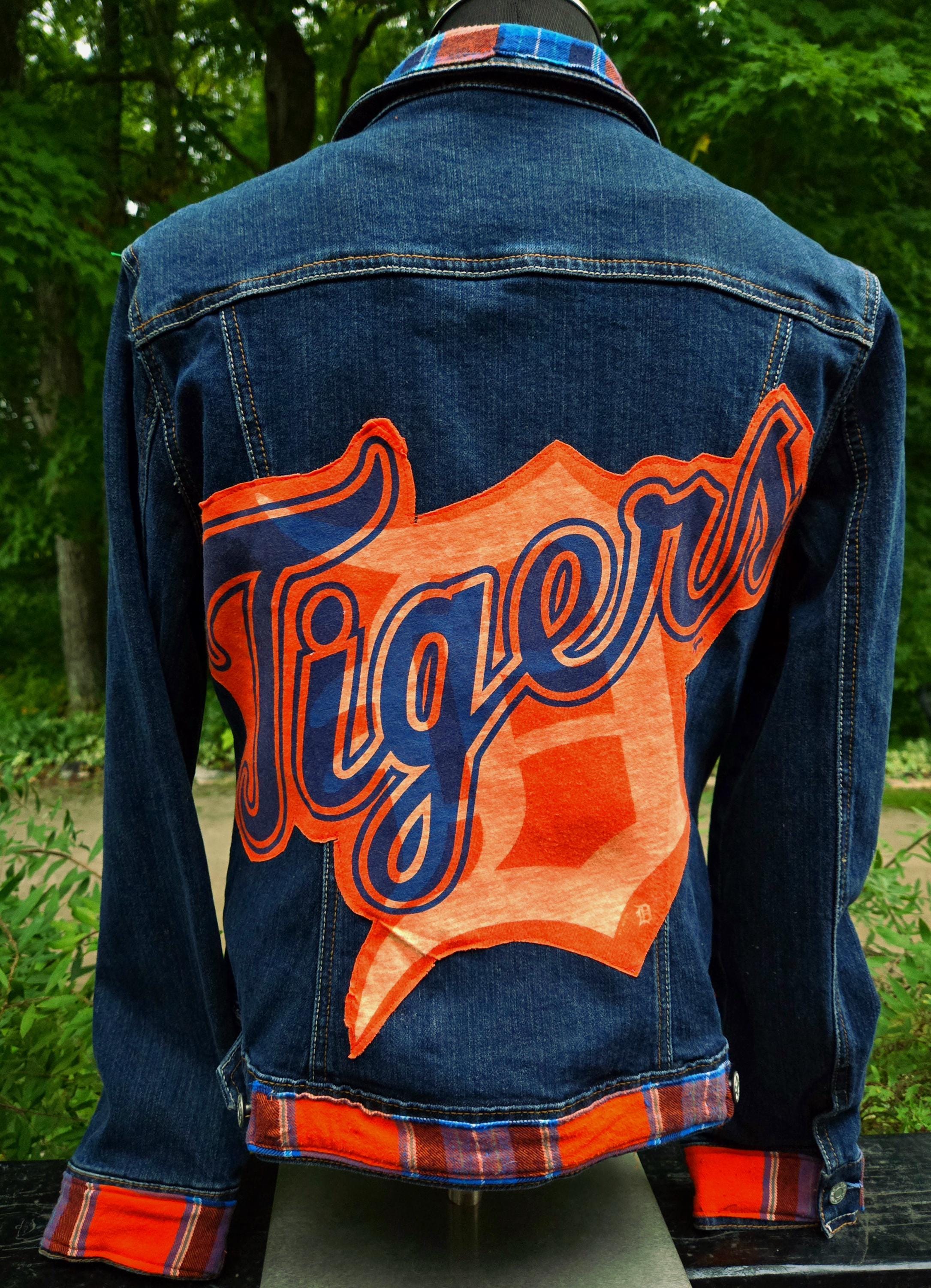 Detroit Tigers MLB Denim Jean Jacket Orange/blue Plaid Flannel Detroit Tigers MLB Denim Jean Jacket Orange/blue Plaid Flannel