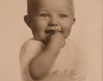 Laughing Baby Boy Studio Portrait 1950s or 60s Black and White Photograph Print in Multiple Sizes Nursery Decor Baby Gift