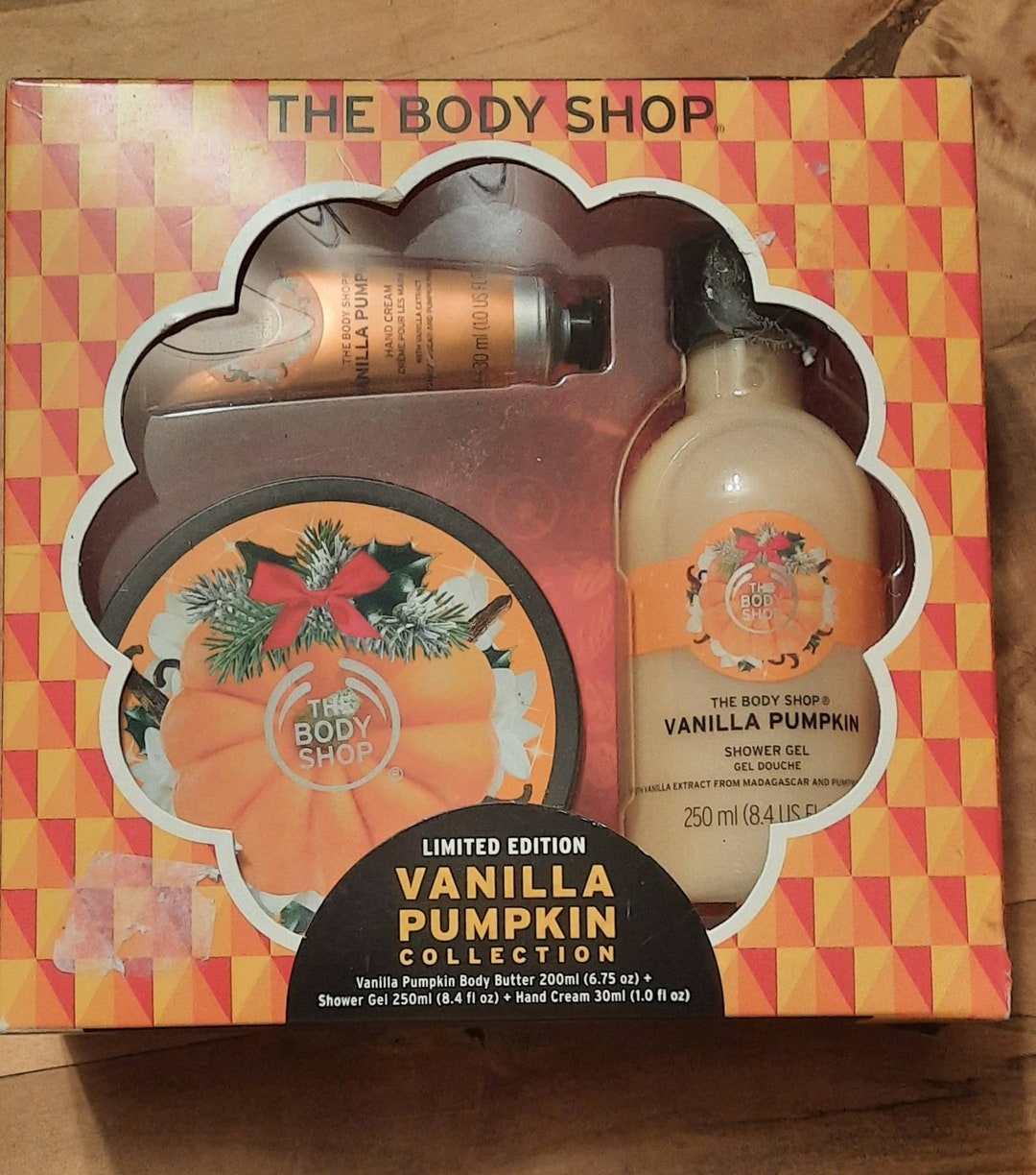 The Body Shop Vanilla Pumpkin Body Butter, Shower Gel, Hand Cream Set Full Size, NEW IN BOX