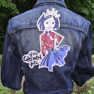 Cropped Denim Princess Jean Jacket Fringe If the Crown Fits w/Brooch Express Sz S Upcycled Handmade Back To School Christmas Birthday Party