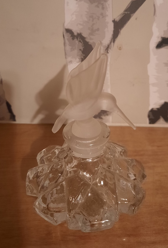 Hummingbird Perfume Bottle Cut Glass Frosted Stop… - image 1