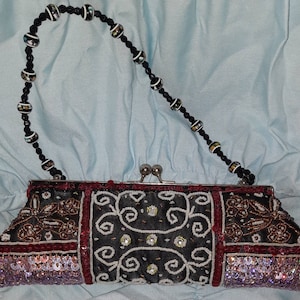 Retro Chateau Black Satin Beaded Evening Clutch Purse Beaded Handle Kiss Lock Closure 12x5
