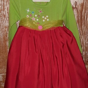 Snowflake Holiday Dress Ballgown Lime Red Buttons Size 3T Upcycled Handmade by The Upcycled Princess