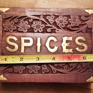 Wood Carved Spice Box with Brass Inlay India Vintage 1980s SALE Was 36 Now 32