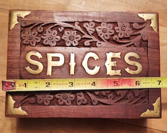 Wooden Carved Spice Box  Brass Inlay India Cottage Industry Vintage 80s Folk Art Hand Carved Kitchen Storage Decor Jewelry Box Desk Supply
