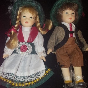 German Folk Costume Bisque Head Collector Dolls Boy Girl 5&quot; Tall, Vintage 1970s International Doll Collector Birthday Christmas