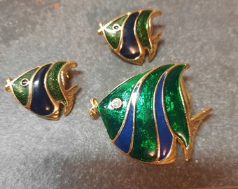 Enameled Angel Fish Pins Set of 3 Blue Green Vintage 1980s