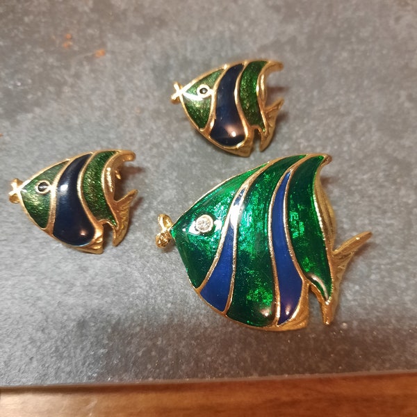 Enameled Angel Fish Pins Set of 3 Blue Green Vintage 1980s