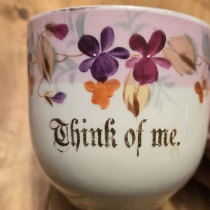 German Porcelian Teacup Hand Painted Think of Me Violets Square Twig Handle Valentine for Mother Best Friend Birthday Dresser Trinket Holder