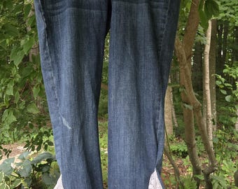 White Lace Embellished Bell Bottom Jeans ColdwaterCreek Wms 16 Birthday Christmas Date Night Party Teen Mom Boho Hippie Upcycled Handcrafted