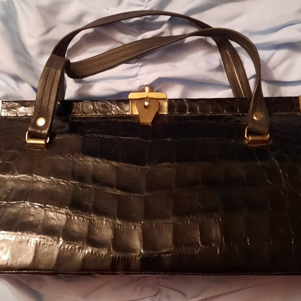 Bellestone Black Patent Genuine Alligator Handbag Gold Hardware Double Handles Vintage 1960s