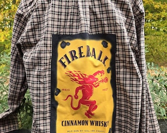 Fireball Cinnamon Whiskey Reworked Embelished Red/Black/Tan Plaid Shirt Mens Med Bartender Gift Spirits Lover 21st Birthday Easter Present