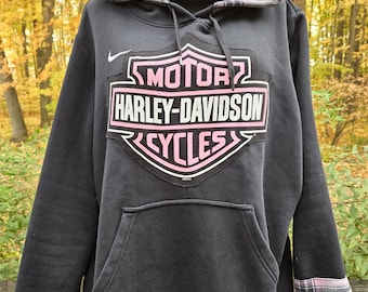 Classic Mototorcycles Hoodie ReWorked Black w/Pink Plaid Trim Nike Size 3XL Streetwear Biker Upcycled Handmade Unique Breast Cancer