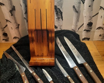 Ekco Flint Arrowhead Vanadium Knife Set Wooden (Maple) Rack Vintage 1950s
