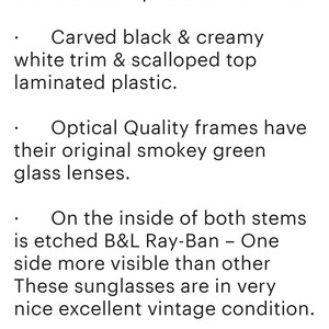 May include: Vintage 1950s Zanzibar B&L Ray-Ban cat eye sunglasses with carved scalloped black and white frames and smokey green lenses. The sunglasses are in excellent vintage condition.