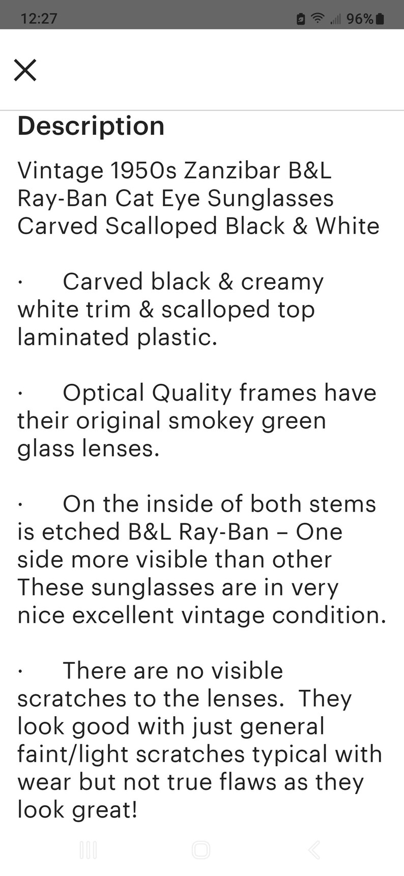 May include: Vintage 1950s Zanzibar B&L Ray-Ban cat eye sunglasses with carved scalloped black and white frames and smokey green lenses. The sunglasses are in excellent vintage condition.