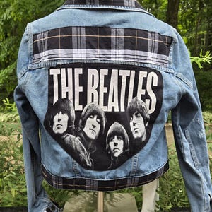 The Beatles Denim Jean Jacket Wms Sz 8 Plaid Embellished Upcycled Handmade Unique Classic Rock Music Birthday Xmas Streetwear Date Night