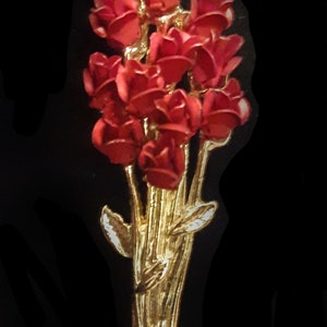 Red Rose Bouquet Brooch Pin Signed DM 97 Vintage Mothers Day Gift Grandma Xmas Pageant Winner Gardener Hortoculturist Florist