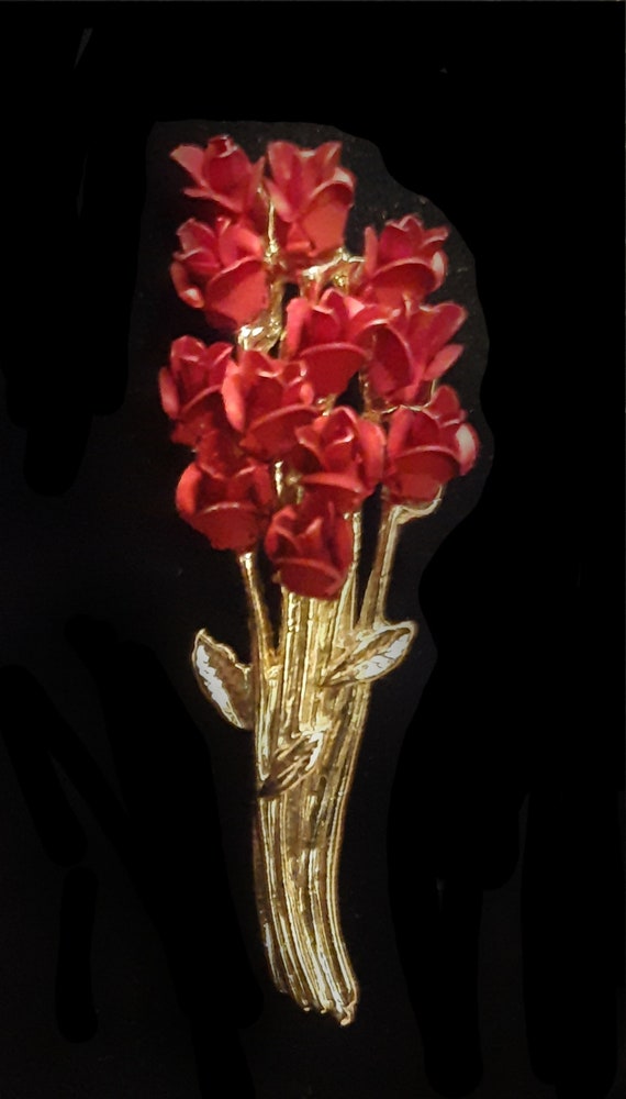 Red Rose Bouquet Brooch Pin Signed DM 97, Vintage 