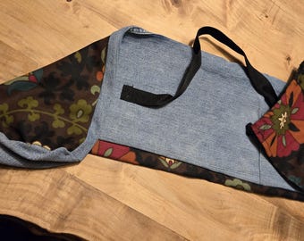 Camp Chair Bag Upcycled Denim & Upholstery Fabric Elastic Drawstring Closure Hand-Made Unique