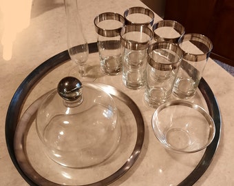 Dorothy Thorpe 1950s MCM Silver Band Trim Barware Entertaining Set 12 Pcs Collector Housewarming Girlfriend Christmas Gift