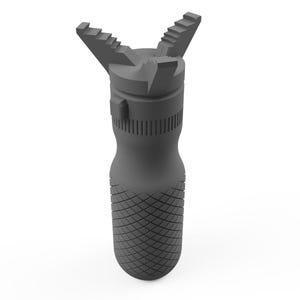 May include: A gray, handheld tool with a textured grip and a claw-like head. The tool has a ridged handle and a series of teeth-like structures at the top. The overall design is sleek and modern.