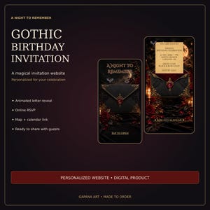 Könnte beinhalten: Eine digitale Website-Vorlage für eine Gothic-Geburtstagseinladung mit einem dunklen, verzierten Umschlag mit rotem Wachssiegel, umgeben von dunkelroten Rosen und Kerzen. Die Benutzeroberfläche zeigt Veranstaltungsdetails für Raven Manor.