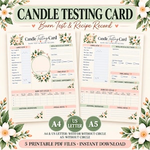 Op de afbeelding: Twee printbare kaarsentestkaarten met bloemenranden en de tekst Candle Testing Card Burn Test & Recipe Record. De formulieren bevatten secties voor kaarsinstellingen, notities, koude geur, eindresultaten en brandtestcycli met tabellen.