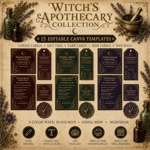 Peut inclure: Une collection numérique de 15 modèles d'apothicaire modifiables présentant trois thèmes de couleurs : Blood Root, Herbal Brew et Nightshade. L'ensemble comprend des étiquettes de bougies, des étiquettes cadeaux, des cartes d'entretien, des mini-étiquettes et des motifs de sceaux de cire avec des bordures ornées, des illustrations botaniques et des motifs célestes sur un fond de style parchemin.