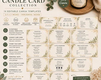 May include: A collection of 14 editable horizontal candle card templates measuring 3.5 x 2 inches. The cards feature botanical designs with green leaves and gold accents, including text for thank you notes, candle care, and brand stories.