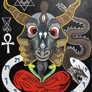May include: A black and white illustration of a horned, goat-like creature with red eyes, surrounded by geometric shapes, snakes, and a dragon. The creature is sitting in a red lotus position with a skull on its chest. The image is titled "Honald".