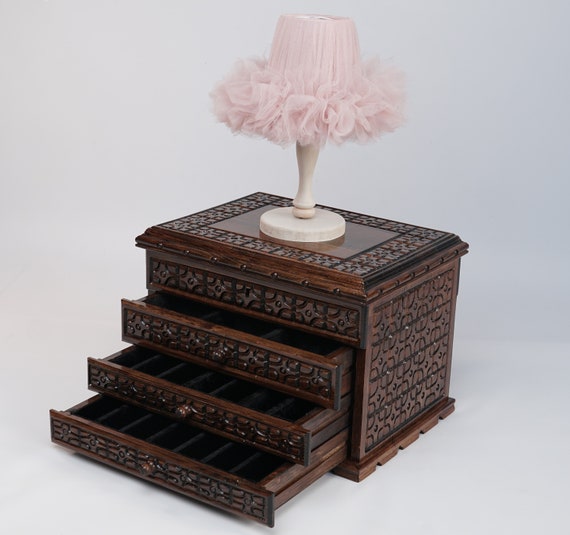 Jewelry Chest with 3 Drawers and 4 Sections, Wooden Decorative Jewelry Storage and Handmade Organizer