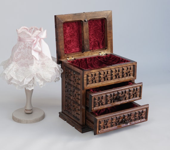 Jewelry Chest with Drawers, Wooden Decorative Jewelry Storage and Organizer. Handmade, Carved and Authentic Decorative Gift