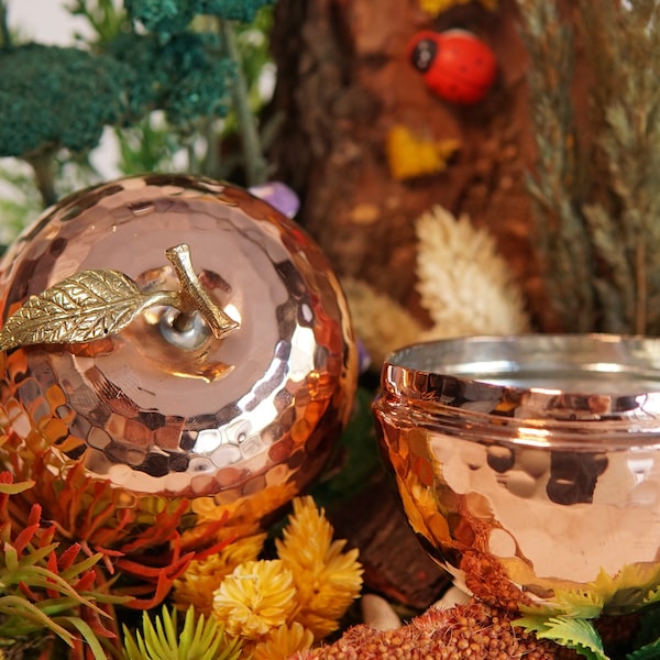 Small Hammered Copper Serving Bowl Set (2) With Lid, Decorative Apple Shaped Cookie, Hazelnut and Candy Bowl