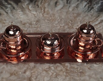 Turkish Coffee Set with Small Copper Plate, Copper Tray and Porcelain Coffee Cup Covered with Copper