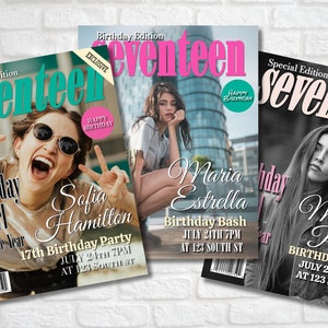雑誌の表紙パーティー招待状、誕生日カード、簡単な DIY 誕生日ポスター、ファッション雑誌、パーソナライズされた、完全に編集可能なテンプレート、ポスター