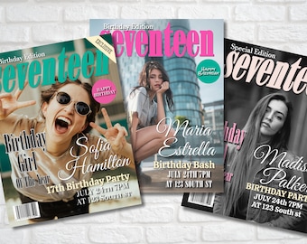 Invitación de cumpleaños con portada de revista, póster personalizado para fiestas (descarga digital)