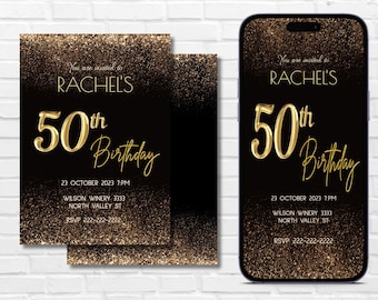 May include: A black and gold digital invitation for a 50th birthday party. The invitation features a gold glitter background and the text "You are invited to Rachel's 50th Birthday". The invitation also includes the date, time, location, and RSVP information.